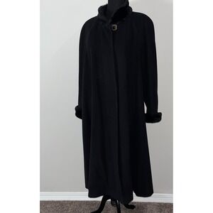 Vtg International Scene Coat Size 16 Black Wool Fur Collar Long Button Russia